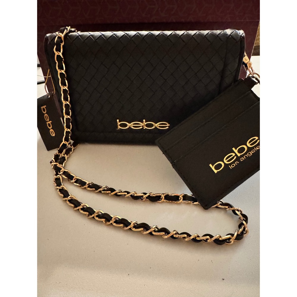 Bebe Woven Crossbody Bag with Matching Card Holder Black Gold Chain Strap NEW - Picture 3 of 6